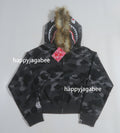 A BATHING APE Ladies' COLOR CAMO FUR SHARK CROPPED ZIP HOODIE
