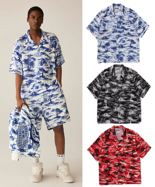 A BATHING APE PLAM TREE CAMO OPEN COLLAR POCKET SS SHIRT