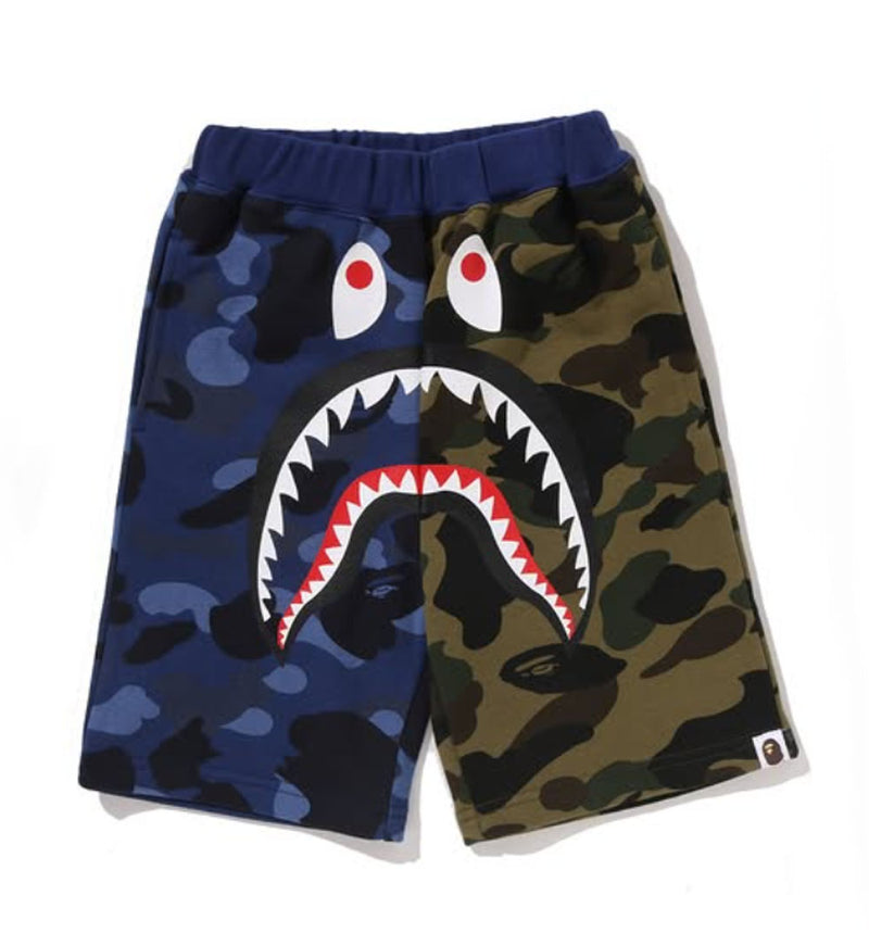 A BATHING APE BAPE KIDS SPLIT CAMO SHARK SWEAT SHORTS