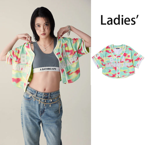 A BATHING APE Ladies' SCREEN CAMO MULTI LOGO BASEBALL SHIRT