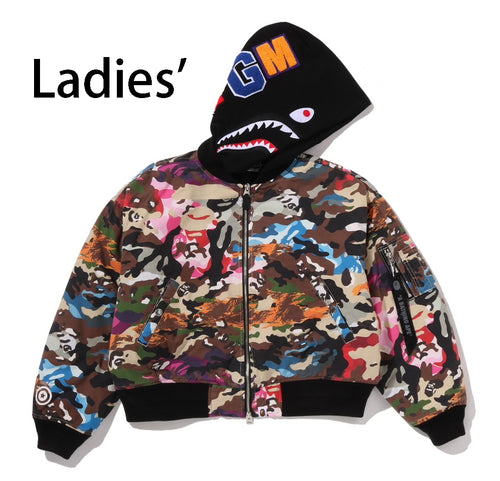 A BATHING APE Ladies' HYBRID CAMO HOODED CROPPED SHARK MA-1 JACKET