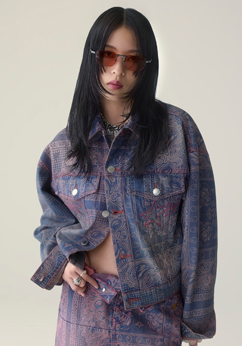 A BATHING APE Ladies' PAISLEY PATTERN DENIM BOXY CROPPED JACKET