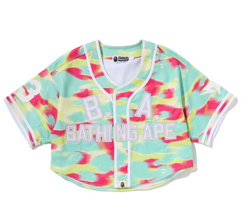 A BATHING APE Ladies' SCREEN CAMO MULTI LOGO BASEBALL SHIRT