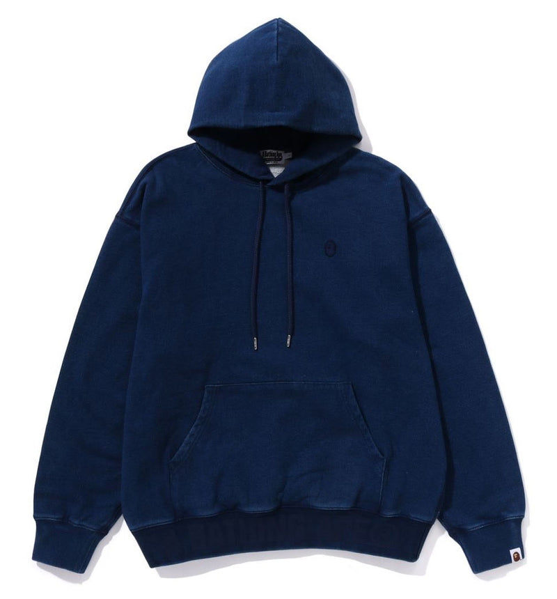 A BATHING APE LOGO RIBBING INDIGO PULLOVER HOODIE