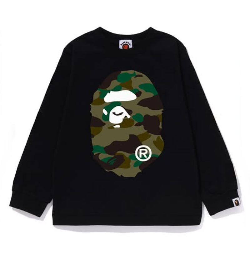 A BATHING APE BAPE KIDS 1ST CAMO BIG APE HEAD L/S TEE - happyjagabee store