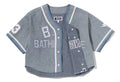 A BATHING APE Ladies' MULTI LOGO DENIM CROPPED BASEBALL SHIRT