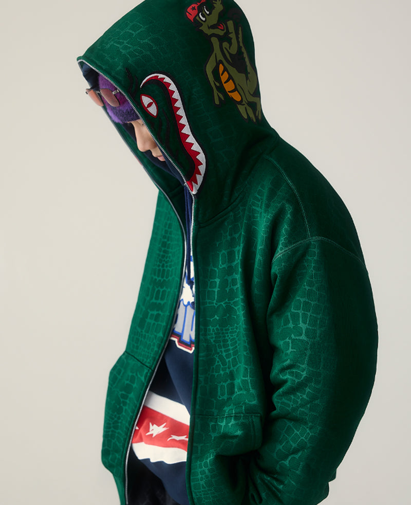 A BATHING APE CROC PATTERN CROCODILE RELAXED FIT FULL ZIP HOODIE