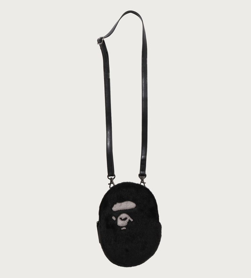A BATHING APE APE HEAD FAUX FUR MINI SHOULDER BAG