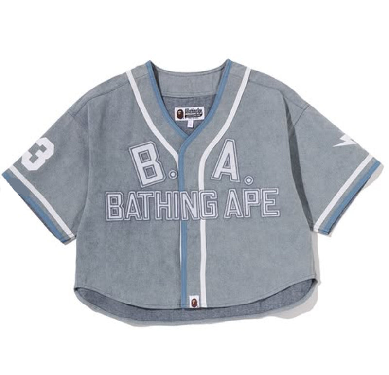 A BATHING APE Ladies' MULTI LOGO DENIM CROPPED BASEBALL SHIRT