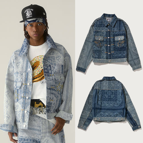 A BATHING APE PAISLEY PATTERN DENIM TRUCKER JACKET