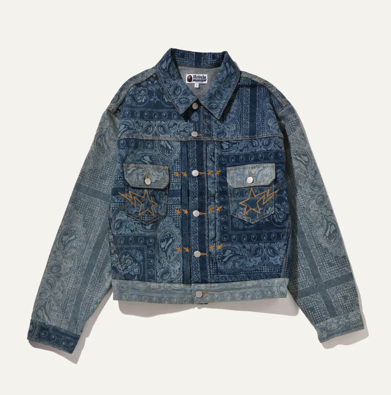 A BATHING APE PAISLEY PATTERN DENIM TRUCKER JACKET