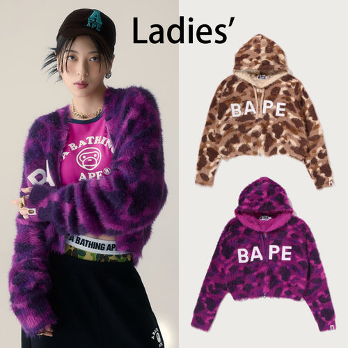 A BATHING APE Ladies' COLOR CAMO BAPE LOGO FUR CROPPED ZIP HOODIE