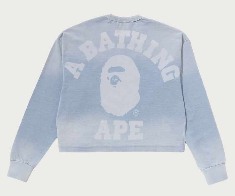 A BATHING APE Ladies' INDIGO COLLEGE PRINT BOXY CROPPED LS TEE