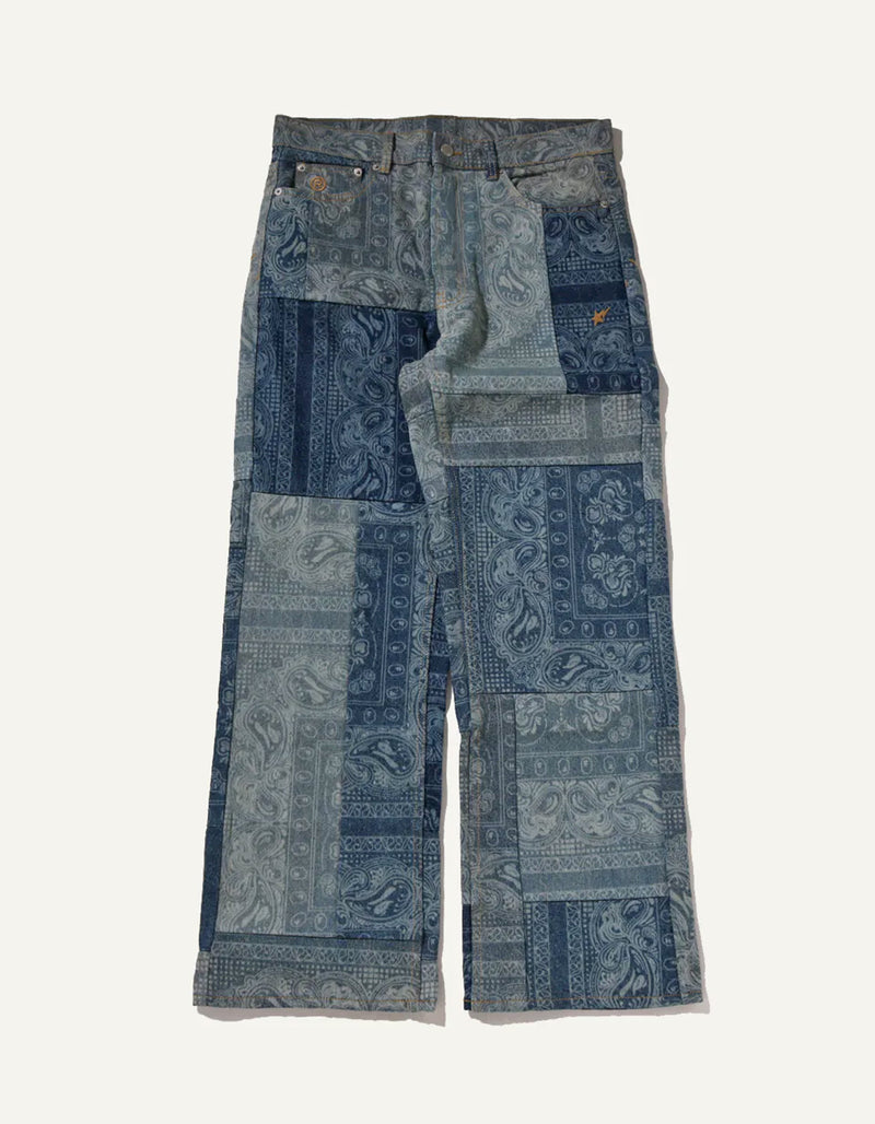 A BATHING APE PAISLEY PATTERN DENIM FLARED PANTS
