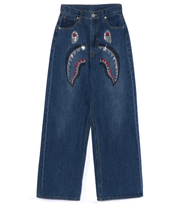 A BATHING APE Ladies' CRYSTAL STONE SHARK HIGH WAIST DENIM PANTS