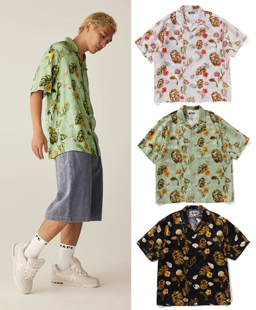A BATHING APE VACATION PATTERN OPEN COLLAR SS SHIRT