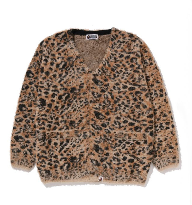 A BATHING APE Ladies' WILD LEOPARD PATTERN SHAGGY KNIT CARDIGAN