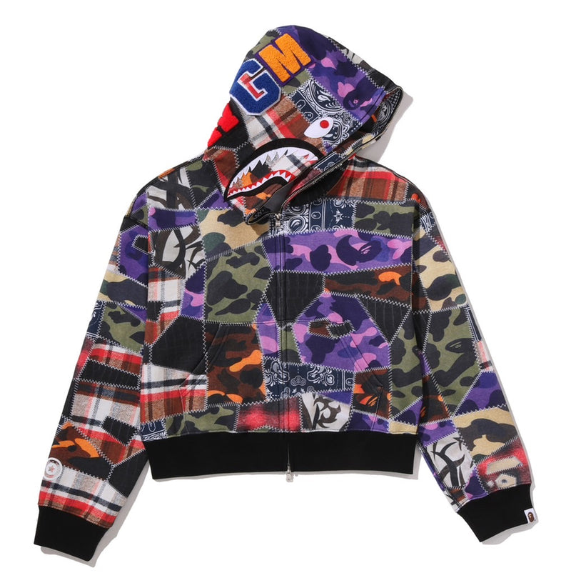 A BATHING APE Ladies' CRAZY PATCH BOXY CROPPED SHARK FULL ZIP HOODIE