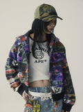 A BATHING APE Ladies' CRAZY PATCH BOXY CROPPED SHARK FULL ZIP HOODIE