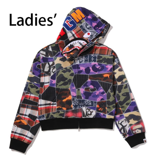 A BATHING APE Ladies' CRAZY PATCH BOXY CROPPED SHARK FULL ZIP HOODIE