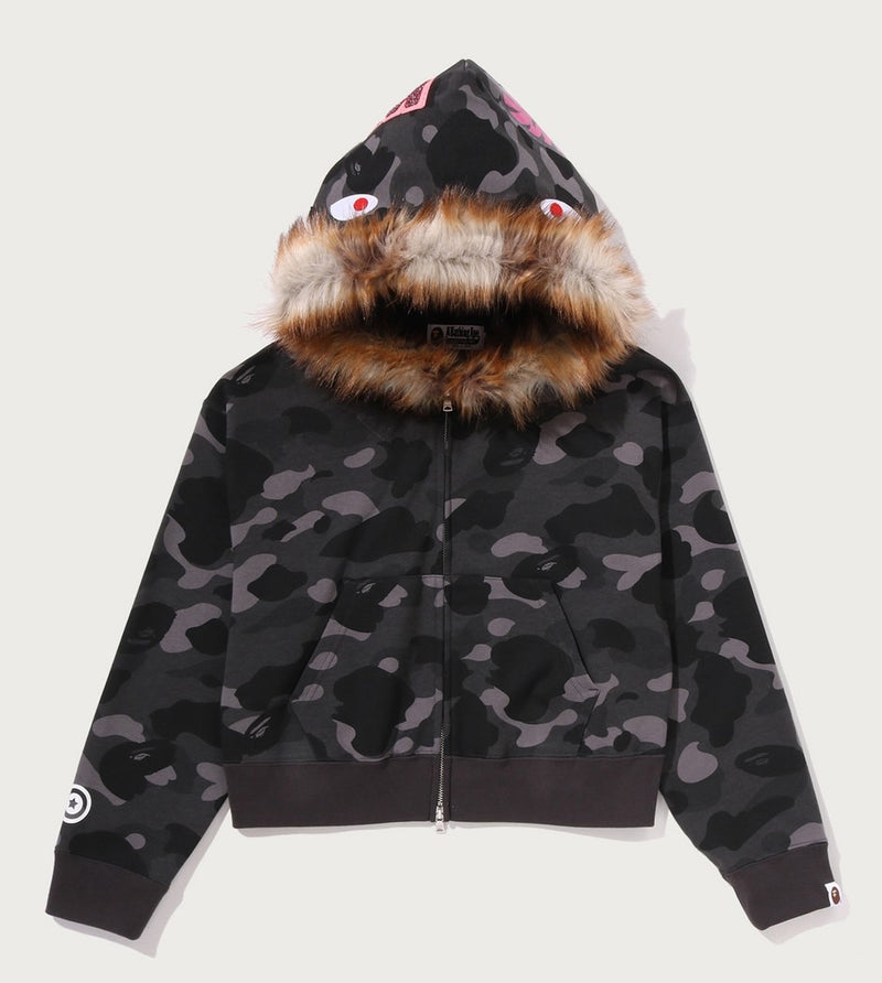 A BATHING APE Ladies' COLOR CAMO FUR SHARK CROPPED ZIP HOODIE