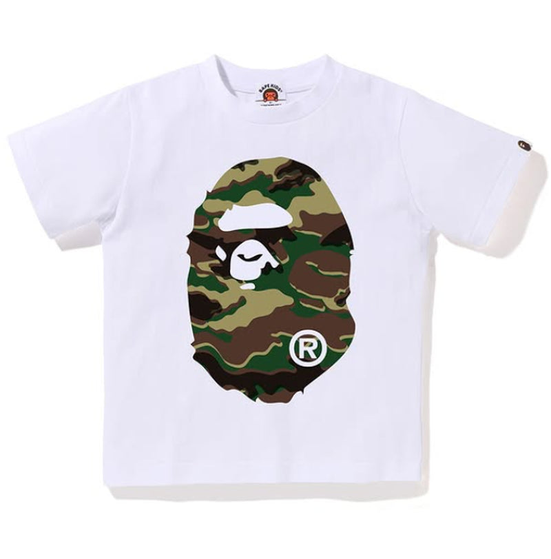 A BATHING APE BAPE KIDS GLITCH WOODLAND CAMO BIG APE HEAD TEE