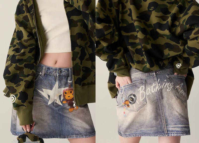 A BATHING APE Ladies' FAKE PRINT MULTI LOGO DENIM SKIRT