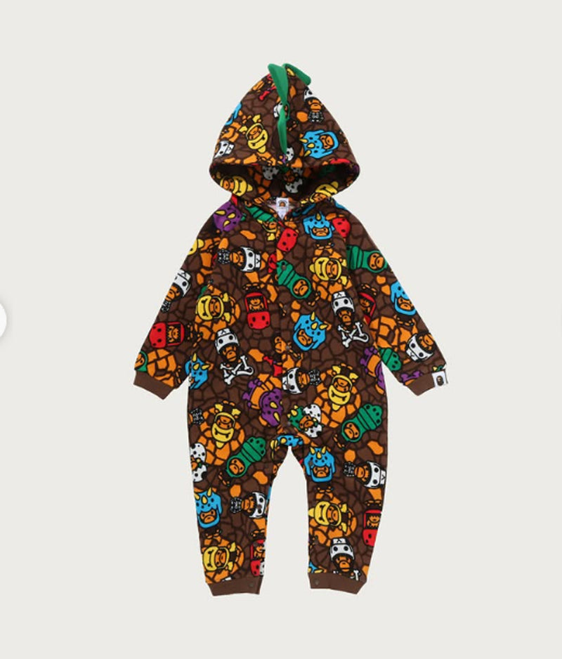 A BATHING APE BAPE KIDS MILO MULTI DINOSAURS PATTERN COVERALL