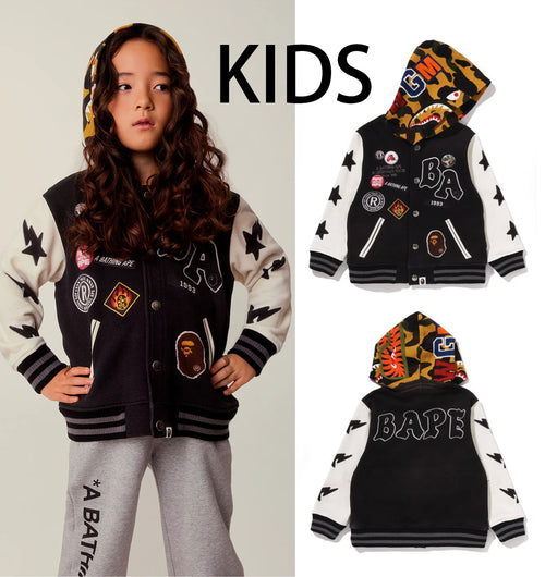 A BATHING APE BAPE KIDS 1ST CAMO SHARK HOODIE PRINT SWEAT VARSITY JACKET - happyjagabee store