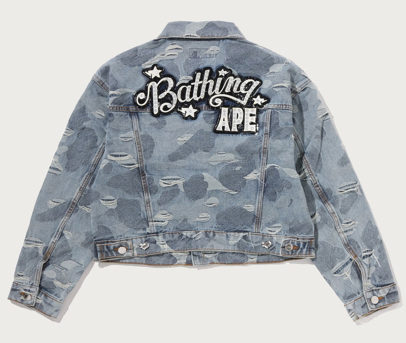 A BATHING APE Ladies' SOLID CAMO JACQUARD DENIM BOXY CROPPED JACKET