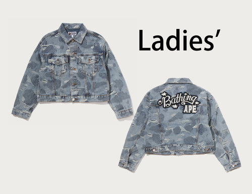 A BATHING APE Ladies' SOLID CAMO JACQUARD DENIM BOXY CROPPED JACKET