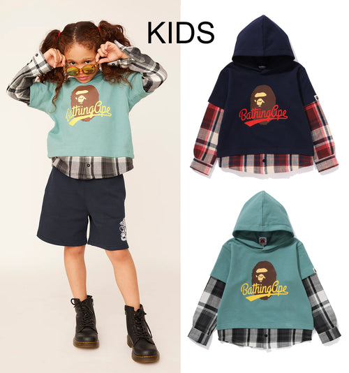 A BATHING APE BAPE KIDS BAPE CHECK SHIRT LAYERED BATHING APE PULLOVER HOODIE