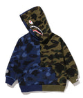 A BATHING APE BAPE KIDS SPLIT CAMO SHARK RELAXED FIT PULLOVER HOODIE