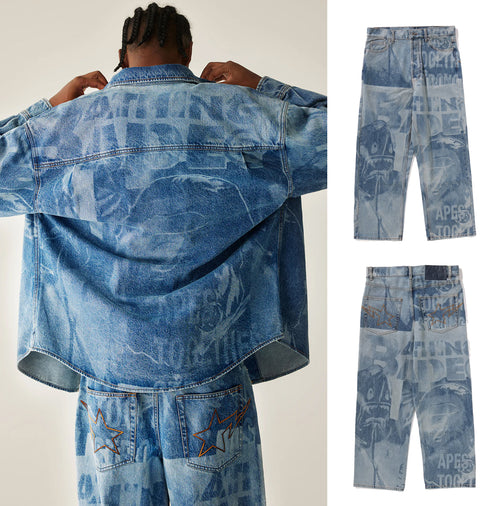 A BATHING APE OVERALL LASERED RELAXED FIT 13OZ DENIM PANTS