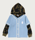 A BATHING APE BAPE KIDS 1ST CAMO BASEBALL LAYERED PULLOVER HOODIE