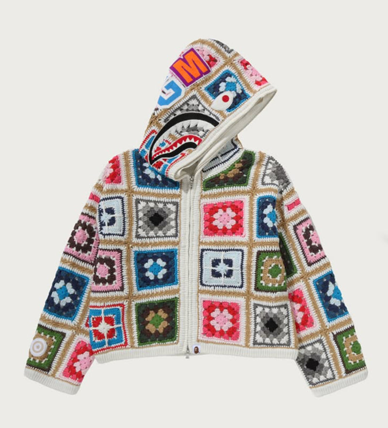 A BATHING APE Ladies' MULTI LOGO CROCHET BOXY CROPPED SHARK ZIP HOODIE