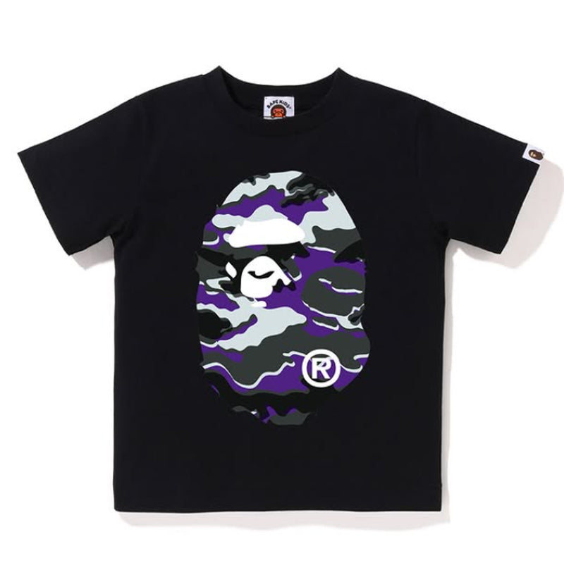 A BATHING APE BAPE KIDS GLITCH WOODLAND CAMO BIG APE HEAD TEE