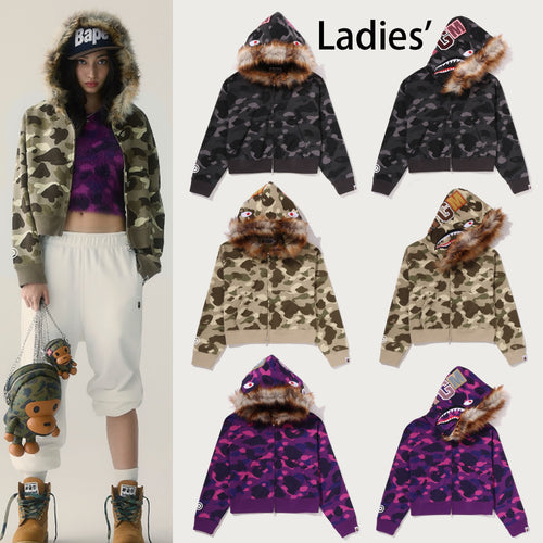 A BATHING APE Ladies' COLOR CAMO FUR SHARK CROPPED ZIP HOODIE