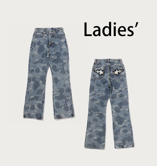 A BATHING APE Ladies' SOLID CAMO JACQUARD DENIM BOOTCUT PANTS