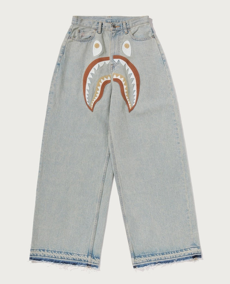 A BATHING APE Ladies' SHARK EMBROIDERY SUPER WIDE DENIM PANTS