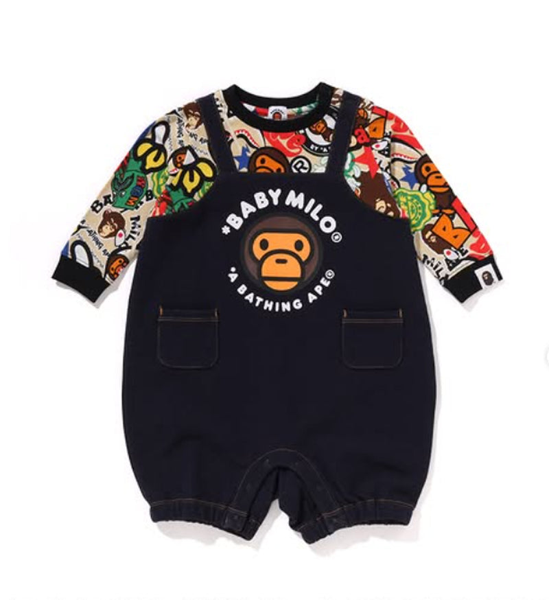 A BATHING APE BAPE KIDS BAPE MILO ASSORTED SALOPETTE LAYERED ROMPERS