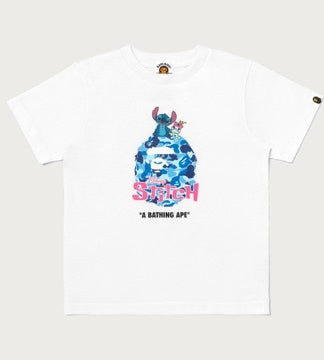 A BATHING APE BAPE KIDS BAPE x DISNEY STITCH ABC CAMO BIG APE HEAD TEE