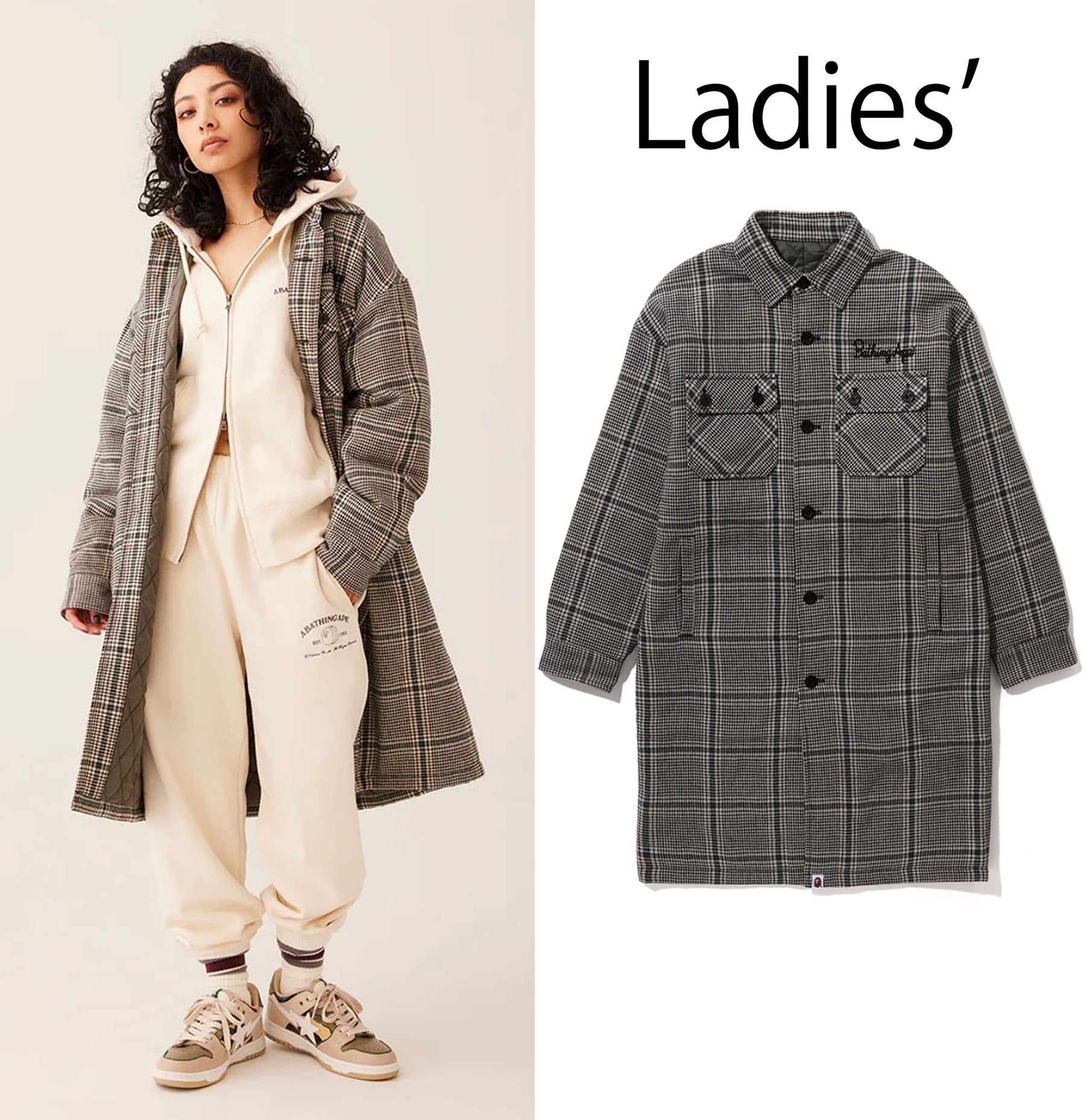 A BATHING APE Ladies' BAPE EMBROIDERY LOGO CHECK LONG SHIRT COAT