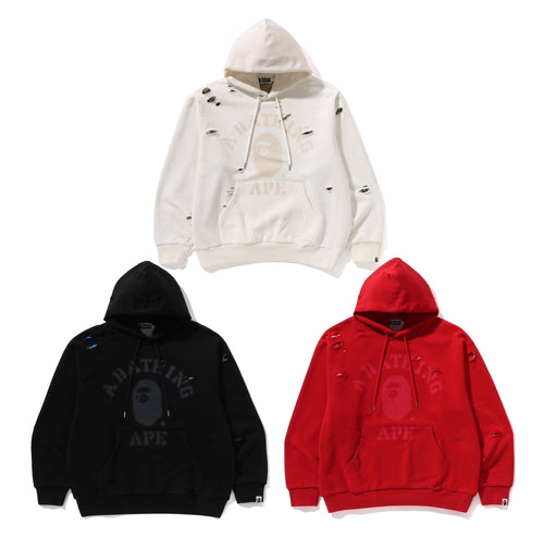 A BATHING APE DESTROYED COLLEGE RELAXED FIT LAYERED PULLOVER HOODIE