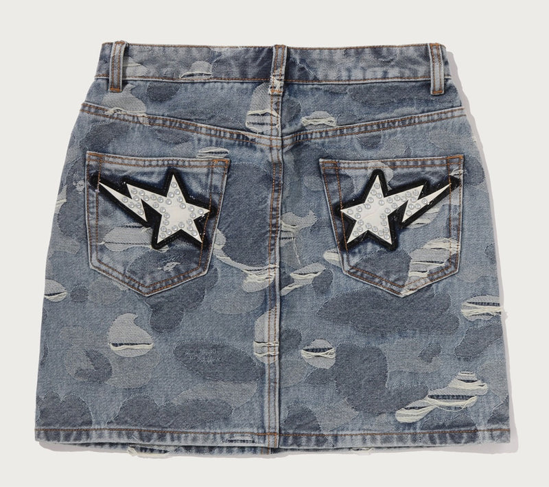 A BATHING APE Ladies' SOLID CAMO JACQUARD DENIM SKIRT
