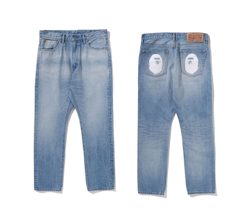 A BATHING APE APE HEAD DENIM PANTS ( Light Indigo ) - happyjagabee store