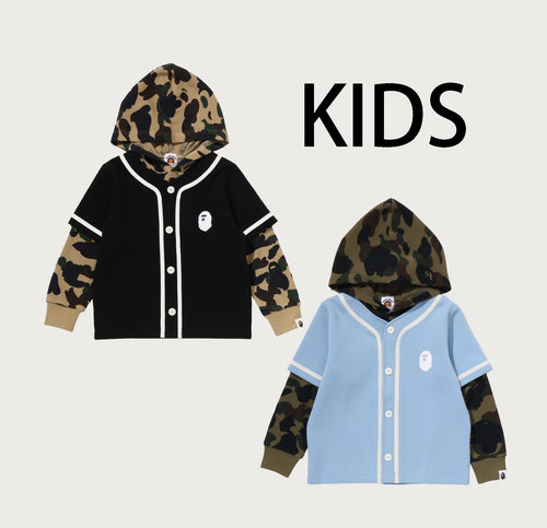 A BATHING APE BAPE KIDS 1ST CAMO BASEBALL LAYERED PULLOVER HOODIE
