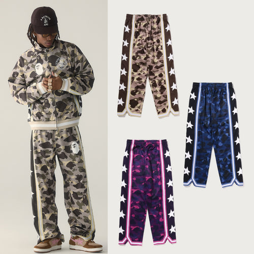 A BATHING APE COLOR CAMO MESH HIGH SPLIT SNAP BUTTON RELAXED FIT PANTS