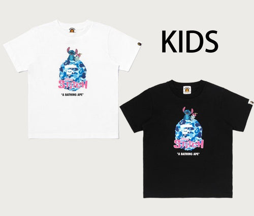 A BATHING APE BAPE KIDS BAPE x DISNEY STITCH ABC CAMO BIG APE HEAD TEE