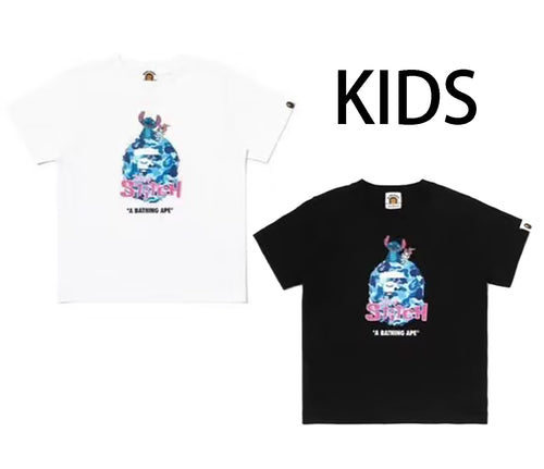 A BATHING APE BAPE KIDS BAPE x DISNEY STITCH ABC CAMO BIG APE HEAD TEE